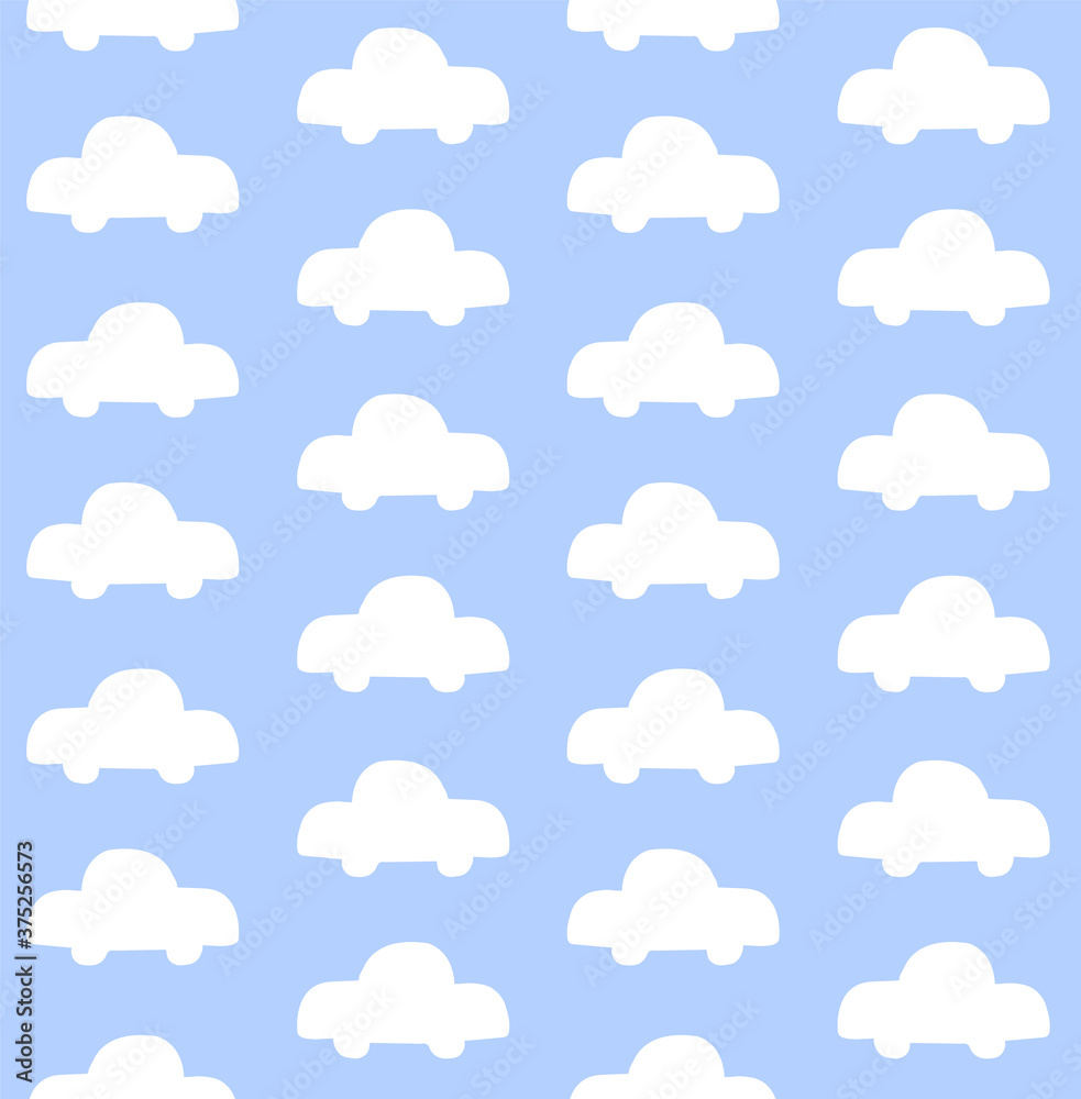 Vector seamless pattern of white hand drawn doodle sketch car silhouette isolated on blue background Vector seamless pattern of white hand drawn doodle sketch car silhouette isolated on blue background