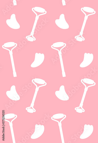 Vector seamless pattern of flat white quartz massage roller and gua sha silhouette isolated on pink background