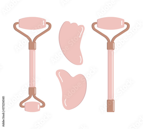 Vector set bundle of flat cartoon rose quartz massage roller and gua sha isolated on white background