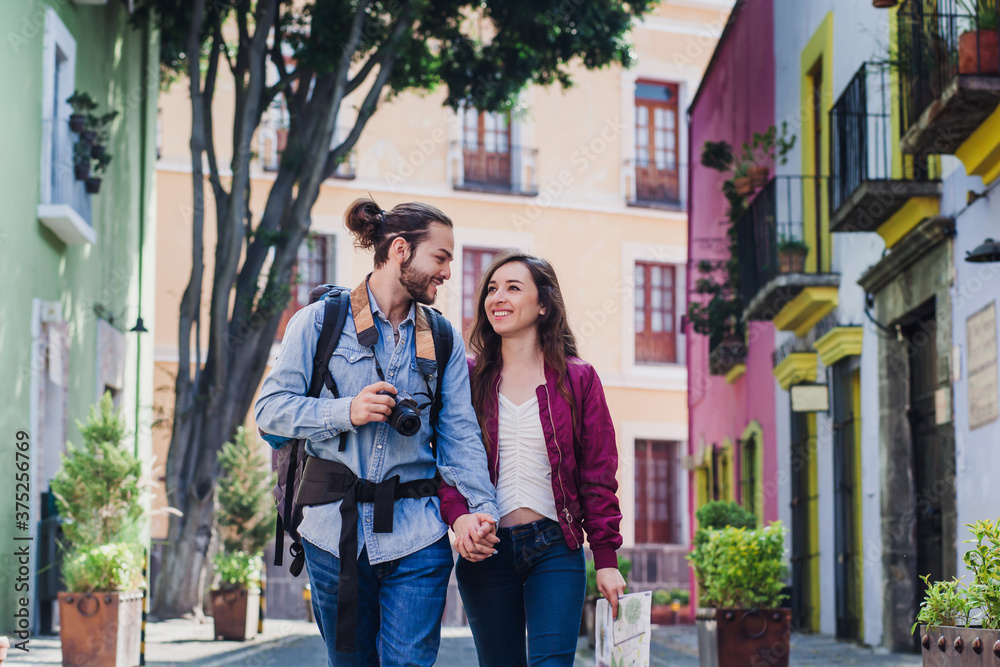 Latin Tourist couple in Mexico, people together having fun on vacation travel in America Latin Tourist couple in Mexico, people together having fun on vacation travel in America
