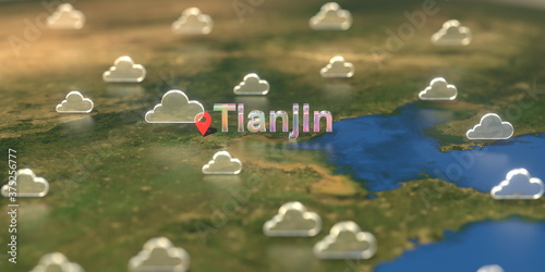 Cloudy weather icons near Tianjin city on the map, weather forecast related 3D rendering