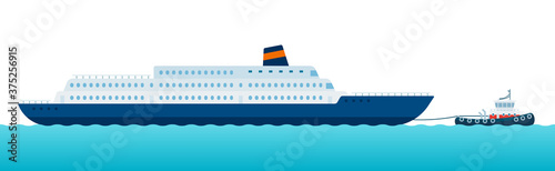 Image of towing vessel moving a sea marine along the sea waves vector illustration in a flat design.
