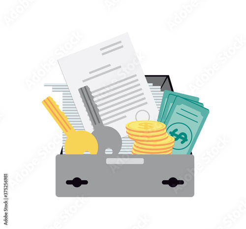 Vector illustration of a bank cell with keys, coins, bills, documents