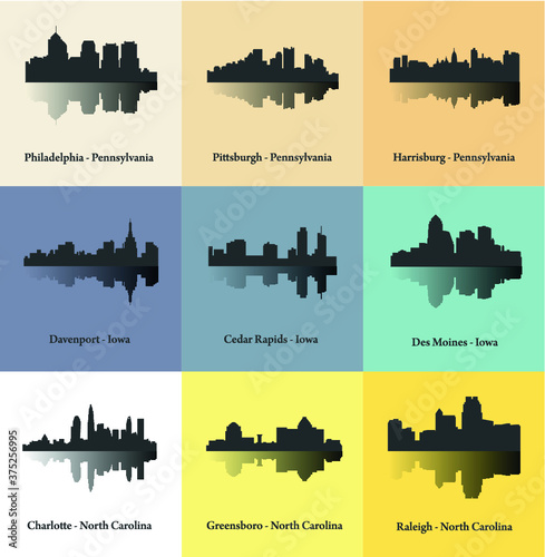 Des Moines, Harrisburg, Raleigh, Davenport, Charlotte, Pittsburgh, Cedar Rapids, Greensboro, Philadelphia (Set of 9 City silhouette)