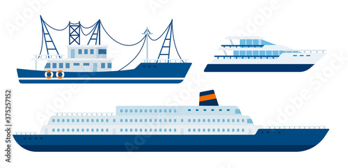 Illustration of a fishing boat, yacht and marine liner vector flat icon isolated