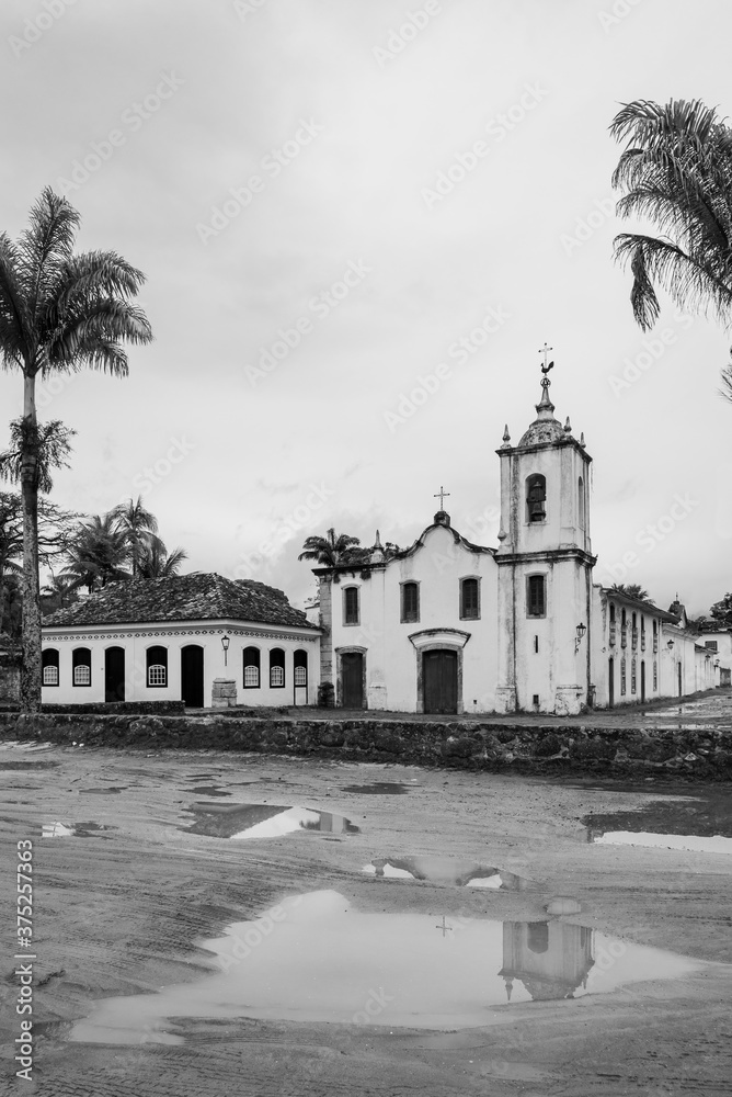 Black and white photo of vintage catholic church in a colonial brazilian town