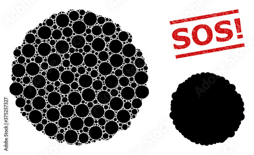Recursion collage core and Sos! grunge stamp seal. Vector collage is organized with randomized core icons. Stamp seal includes Sos! title between parallel lines.