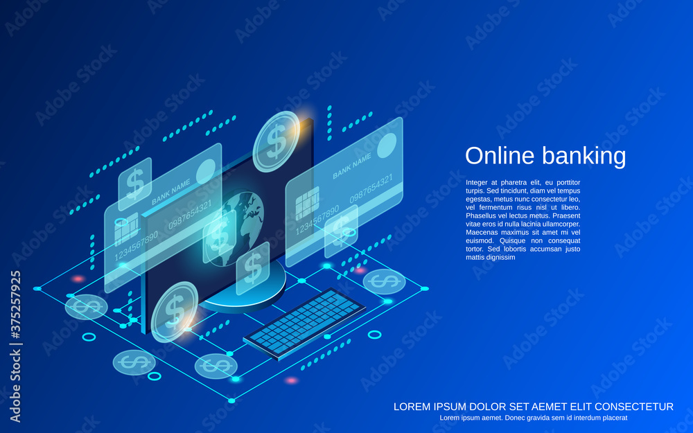 Online banking, money transfer, financial transaction flat 3d isometric vector concept illustration