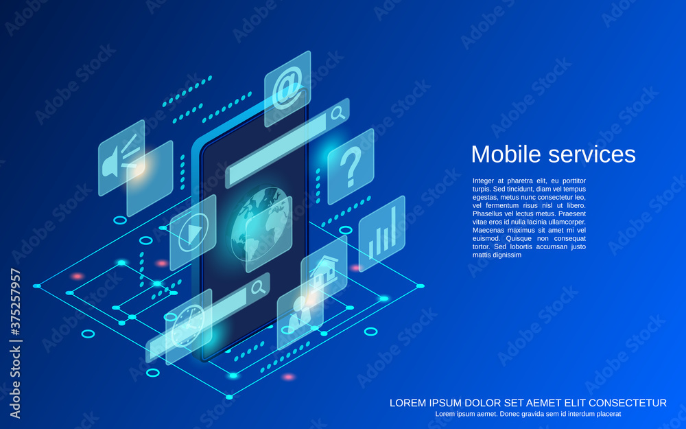 Mobile phone services flat isometric vector concept illustration Mobile phone services flat isometric vector concept illustration