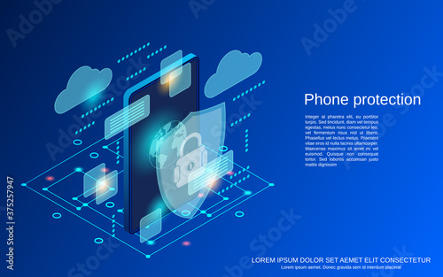 Phone protection, computer security flat 3d isometric vector concept illustration