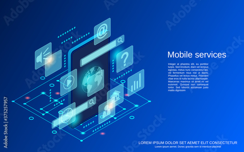 Mobile phone services flat isometric vector concept illustration