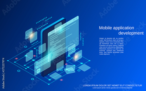 Mobile application development, program coding flat 3d isometric vector concept illustration