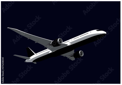 Boeing 787 Dreamliner. Passenger airliner taking off. Vector drawing for illustrations.