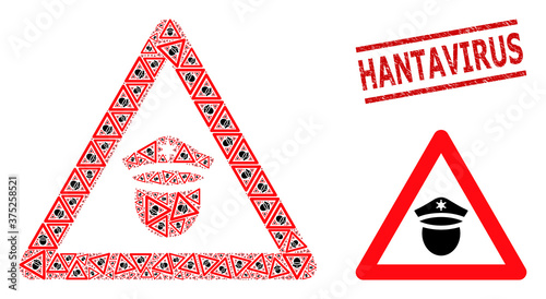Fractal mosaic police danger and Hantavirus unclean stamp. Vector mosaic is composed from repeating police danger items. Stamp seal includes Hantavirus text between parallel lines.