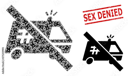 Recursive mosaic forbidden jail car and Sex Denied textured seal. Vector mosaic is constructed from randomized forbidden jail car elements. Seal includes Sex Denied text between parallel lines.