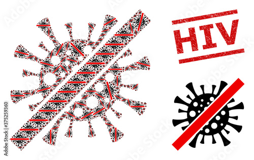 Recursive mosaic remove covid virus and HIV dirty watermark. Vector mosaic is composed of recursive remove covid virus elements. Stamp seal includes HIV caption between parallel lines.