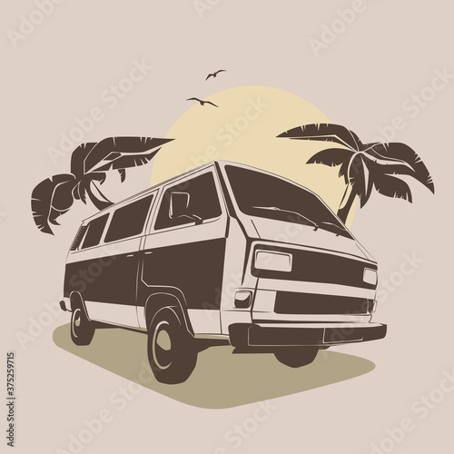 Vector illustration - print for t-shirt, poster, postcard. Travel van, palms and text Holiday.
