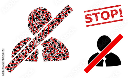 Recursive collage blacklisted clerk and Stop! dirty stamp. Vector collage is created from recursive blacklisted clerk items. Stamp includes Stop! tag between parallel lines.