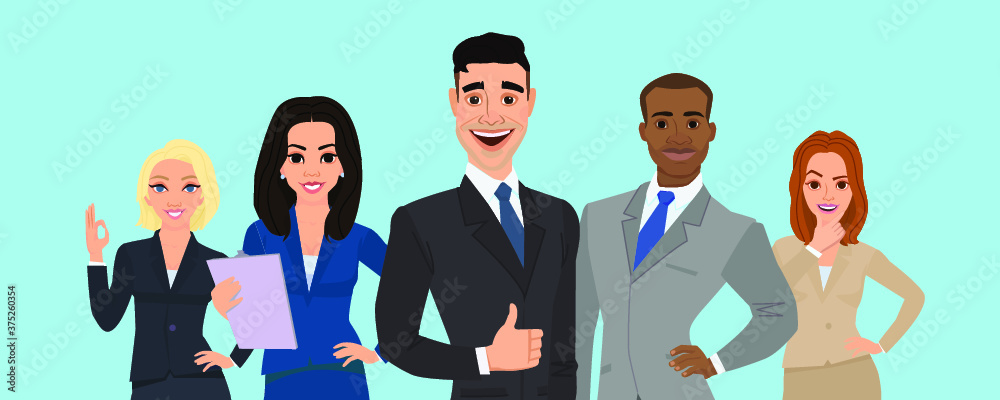Business team. A group of people dressed in strict suit. Vector illustration in a flat style. business teamwork.isolated vector on a white.People character different nationalities.flat cartoon Business team. A group of people dressed in strict suit. Vector illustration in a flat style. business teamwork.isolated vector on a white.People character different nationalities.flat cartoon