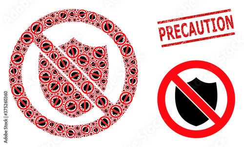Recursive combination no shield and Precaution unclean stamp imitation. Vector collage is organized of repeating no shield elements. Stamp includes Precaution caption between parallel lines.