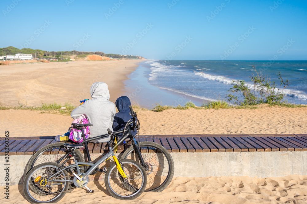 Fototapeta premium Back view of family looking at the beach, tourists use bicycles. Sunny blue sky outdoors background. Ecotourism activity concept.