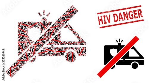 Fractal collage no patrol car and HIV Danger textured seal. Vector collage is constructed from scattered no patrol car parts. Stamp seal includes HIV Danger title between parallel lines.
