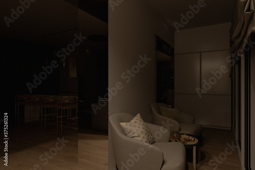 3D render of a kitchen recreation zone with night lighting.