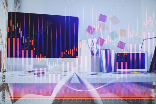 Double exposure of financial graph drawing and office interior background. Concept of stock market. © peshkova