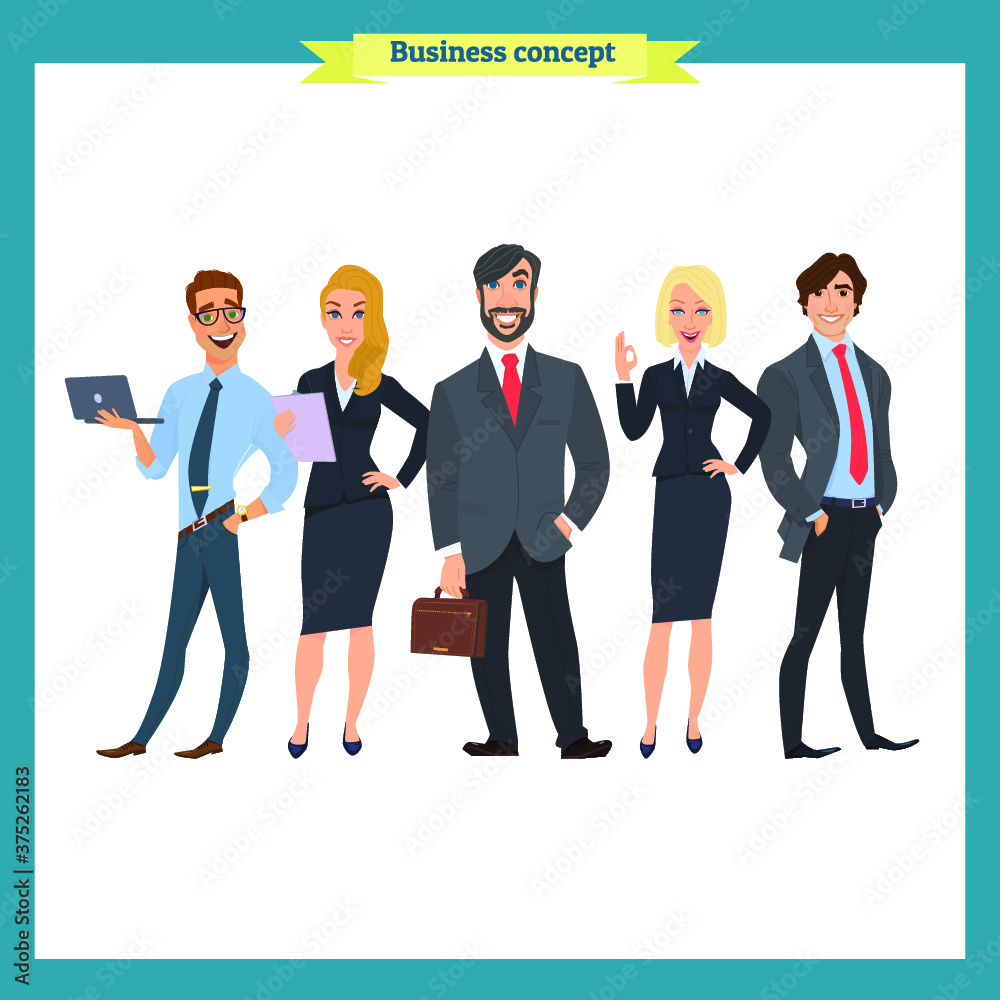 Business team. A group of people dressed in strict suit. Vector illustration in a flat style. business teamwork.isolated vector on a white.People character different nationalities.flat cartoon Business team. A group of people dressed in strict suit. Vector illustration in a flat style. business teamwork.isolated vector on a white.People character different nationalities.flat cartoon
