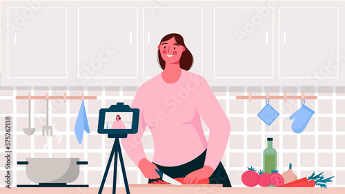Food blogger. Chef cooking, recording video using camera. Online video channel, stream. Woman teaches cooking new recipe. Video tutorial, culinary show, vlog. Flat cartoon vector illustration.
