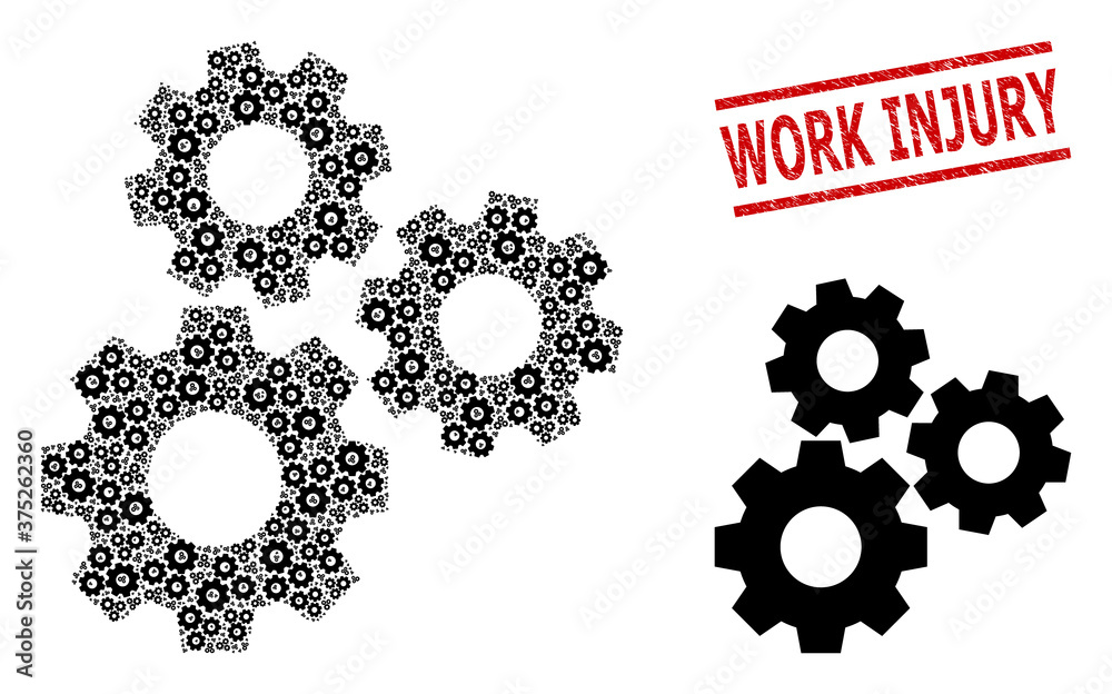 Recursion collage gear mechanism and Work Injury scratched stamp imitation. Vector collage is created with random gear mechanism elements. Recursion collage gear mechanism and Work Injury scratched stamp imitation. Vector collage is created with random gear mechanism elements.