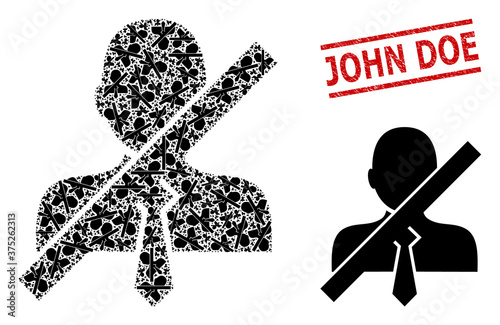 Recursive mosaic stop gentleman and John Doe grunge seal. Vector mosaic is done with randomized stop gentleman elements. Stamp seal includes John Doe text between parallel lines.