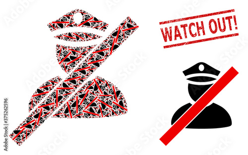Fractal collage wrong police man and Watch Out! grunge seal. Vector collage is done with random wrong police man parts. Seal includes Watch Out! title between parallel lines.