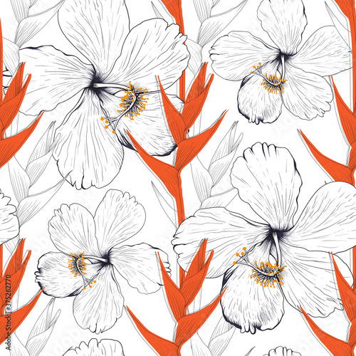 Seamless pattern Hibiscus and Heliconia flower abstract background.Vector illustration line art for fabric textile design