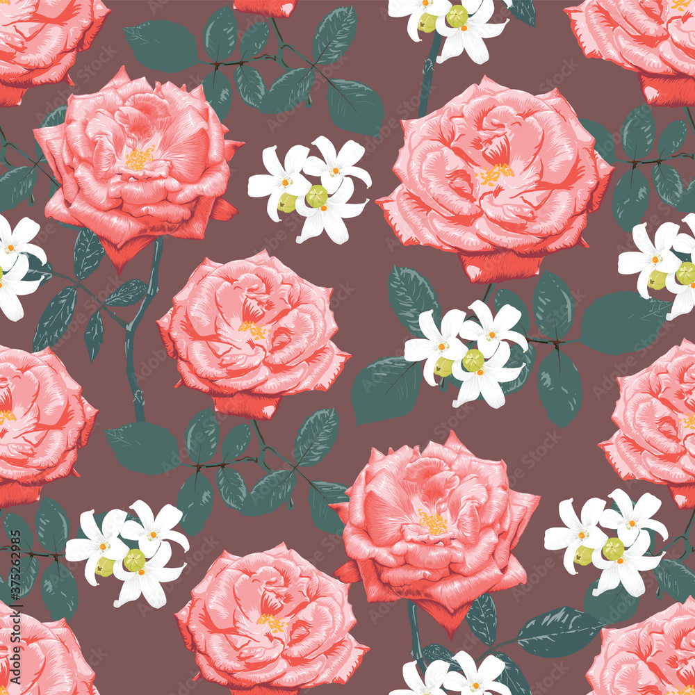 Seamless pattern botanical pink rose and white flowers on abstract dark blue background.Vector illustration drawing watercolor style.For used wallpaper design,textile fabric or wrapping paper.