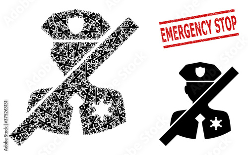 Fractal collage no police sheriff and Emergency Stop dirty stamp imitation. Vector collage is designed of scattered no police sheriff icons. Stamp includes Emergency Stop text between parallel lines.