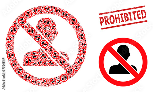 Fractal collage forbidden man and Prohibited dirty stamp seal. Vector collage is formed with scattered forbidden man parts. Seal includes Prohibited text between parallel lines.