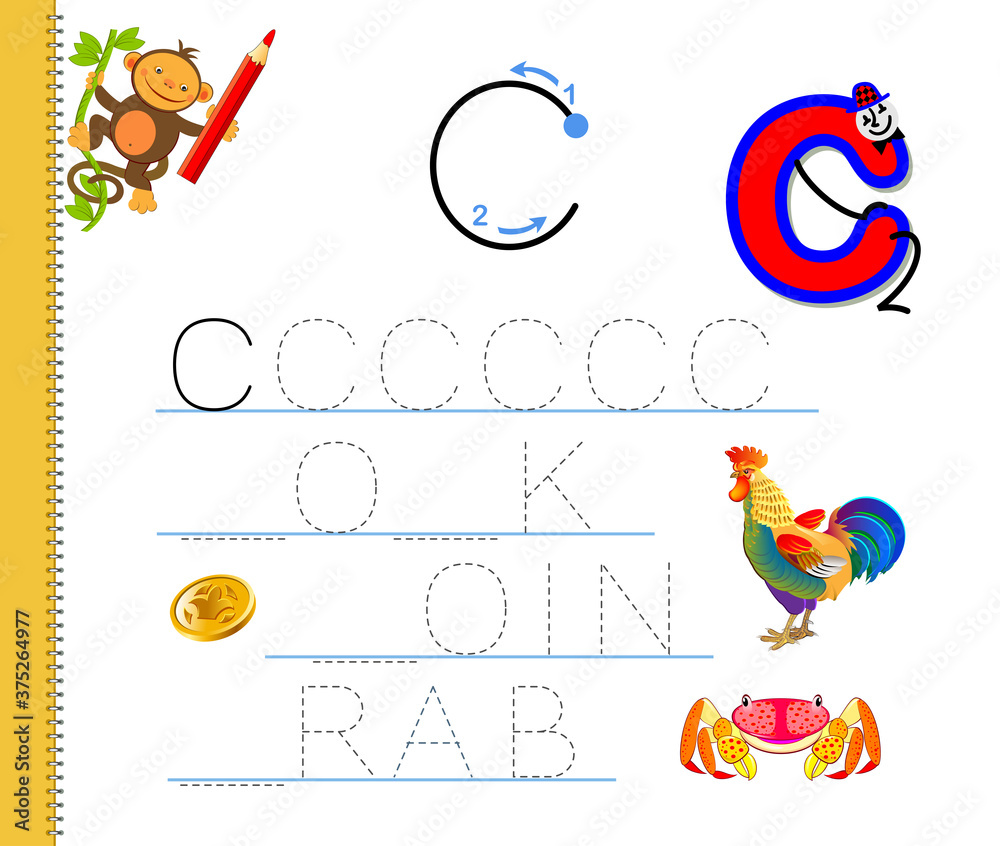 Learn to trace letter C. Study English words. Worksheet for children.  Education game with ABC for kindergarten. Developing kids skills for  writing and reading. Vector cartoon illustration. Stock Vector | Adobe Stock