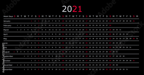 Calendar year 2021 horizontal vector design template