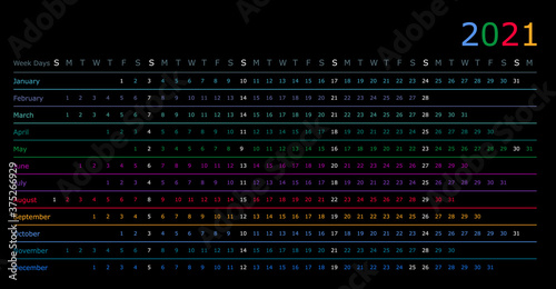 Calendar year 2021 horizontal vector design template