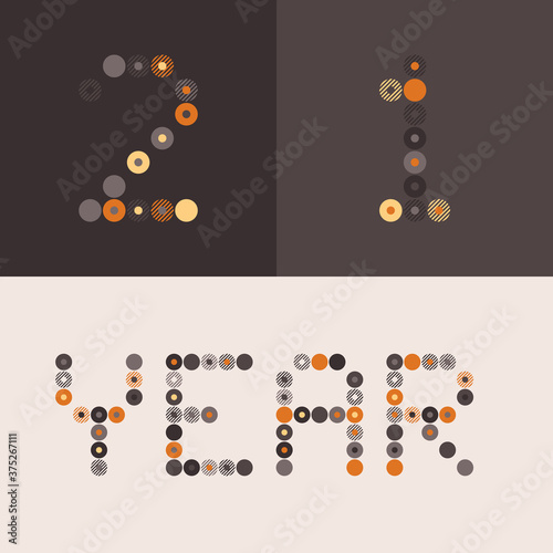 Happy New Year 2021 Vector Circle Pixel Art typography. Holidays greeting card illustration. Letters from Strips, circle and dots. Geometric New year Posters like electronic scoreboard.
