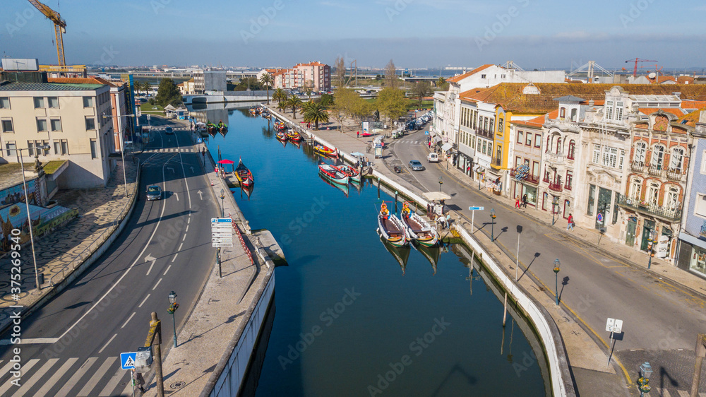 Aerial view of the city of Aveiro Portugal. Beautiful image of the canals, boats and historic center of Aveiro