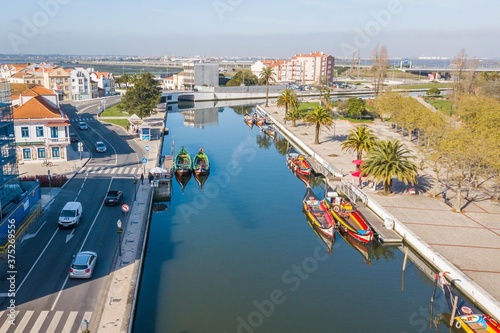 Aerial view of the city of Aveiro Portugal. Beautiful image of the canals, boats and historic center of Aveiro