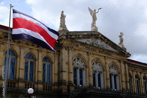 Costa Rica San Jose - National Theater of Costa Rica - Teatro Nacional de Costa Rica and national flag