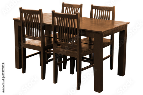 Wooden dining table set isolated.