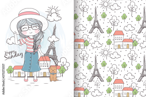 cute girl with dog holiday in paris seamless pattern