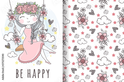 cute girl with flower wreath playing on wooden swing seamless pattern