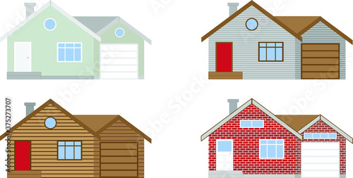 Vector.  Painted house. Wood log siding house. Vinyl siding house. Red brick house. 2d house elevations.