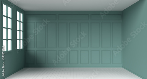 Vintage modern interior with window and wood floor in 3D rendering. Green wall vintage.