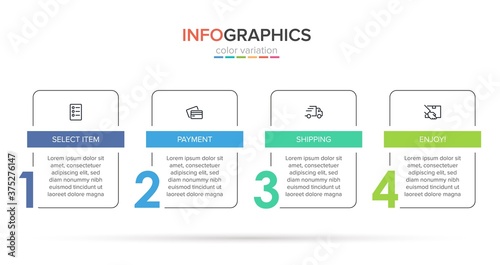 Concept of shopping process with 4 successive steps. Four colorful graphic elements. Timeline design for brochure, presentation, web site. Infographic design layout.